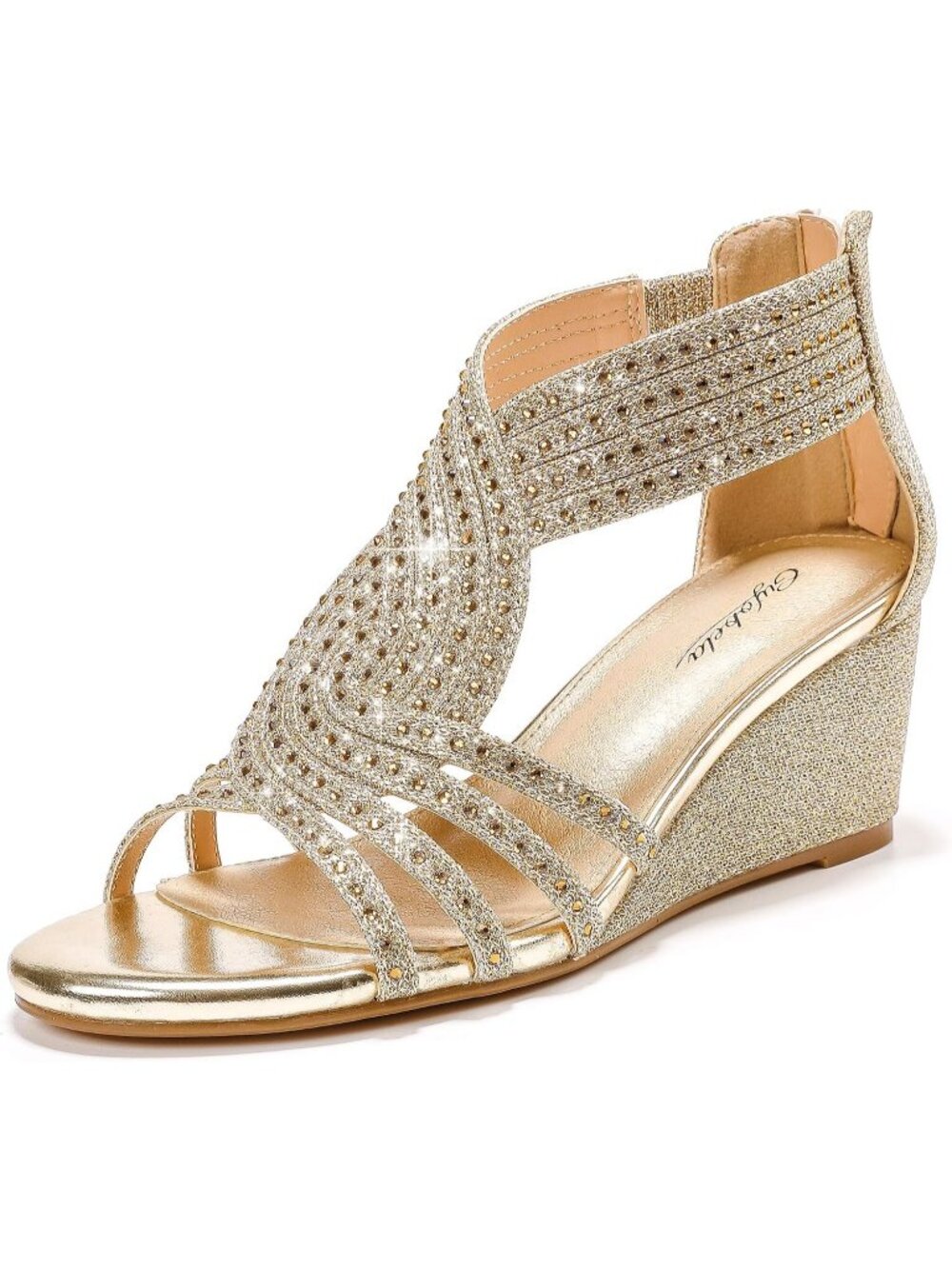 Women's Gold Sparkly Rhinestone Wedge Sandals Dressy Wedding Party Zipper Shoes